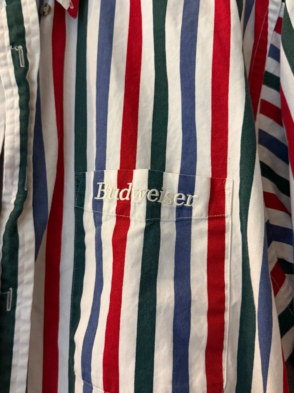 Vintage Budweiser Striped Button Up Shirt Red Blue Green Americana Retro